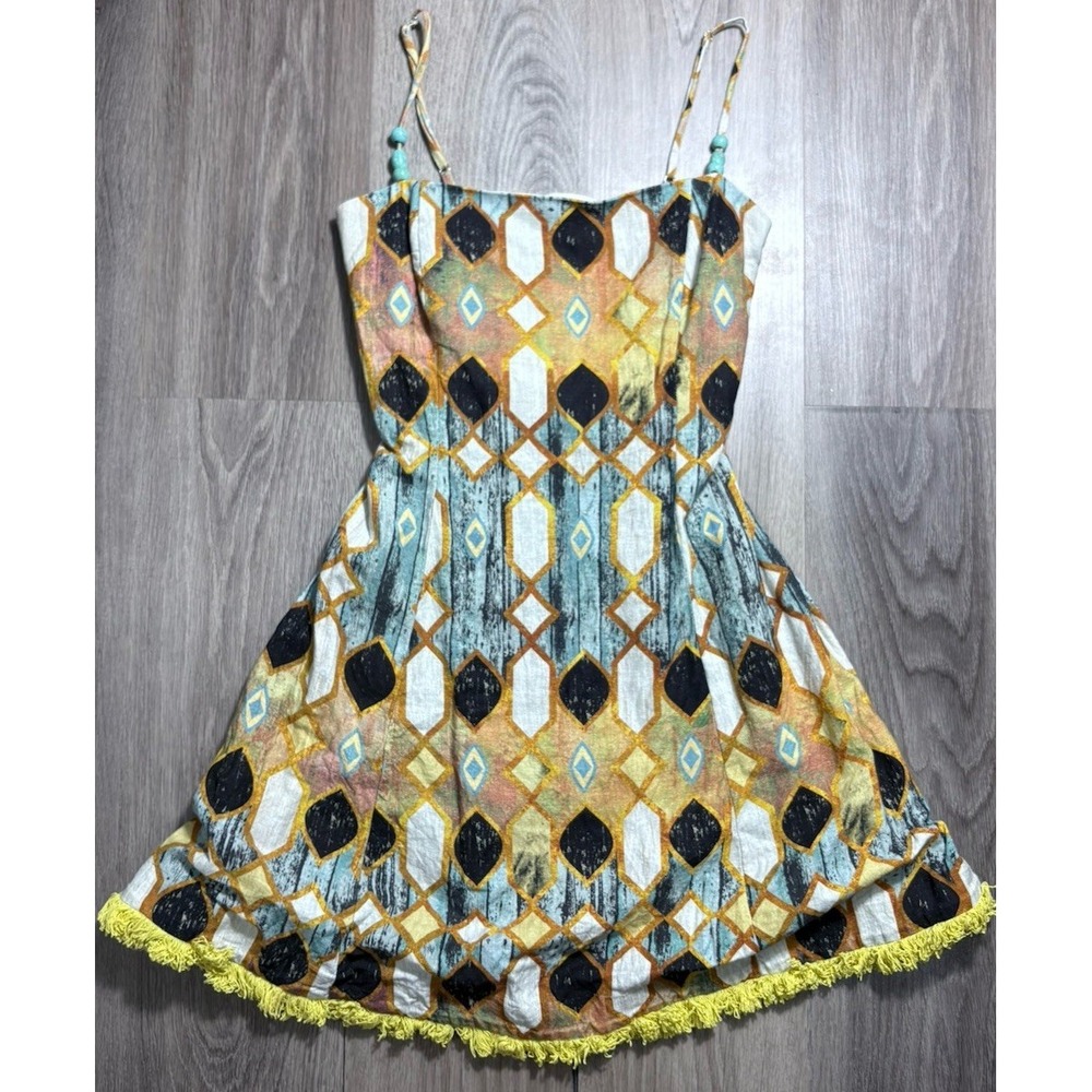 $495 CHRISTIAN LACROIX Linen Printed Mini Alexis Fringe Dress Festival Boho S - Picture 4 of 14